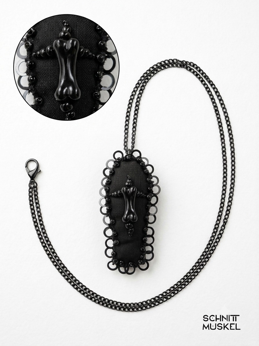 Sargscmuck, Anhänger Sarg, schwarzer Sarganhänger, Schmuck Sarg, schwarzer Knochen auf Sarg