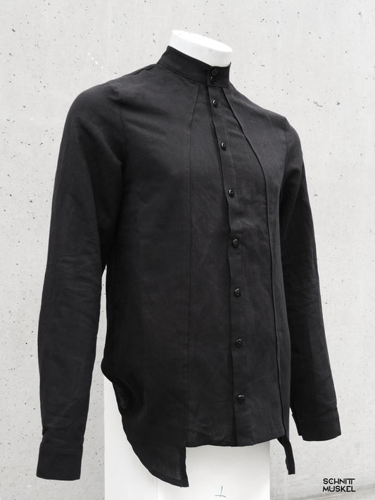 hemd nachtland, schwarzes hemd, designerhemd, schnittmuskel, stehkragen, leinen baumwolle hemd, avantgarde mode, minimalismus fashion, herrenhemd schwarz, asymmetrischer saum, modernes hemd, fashion design, nachhaltiger stil, high fashion shirt, unisex hemd, schwarz leinen shirt, darkavantgarde, gothicmode für Männer, Gothisyle,