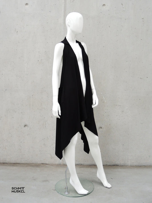 Kapuzenweste, lange Weste, Gothicmode, rückenfreue Weste, rückenfreies Kleidungsstück, rückenfreie Jacke, darkavantgarde Mode