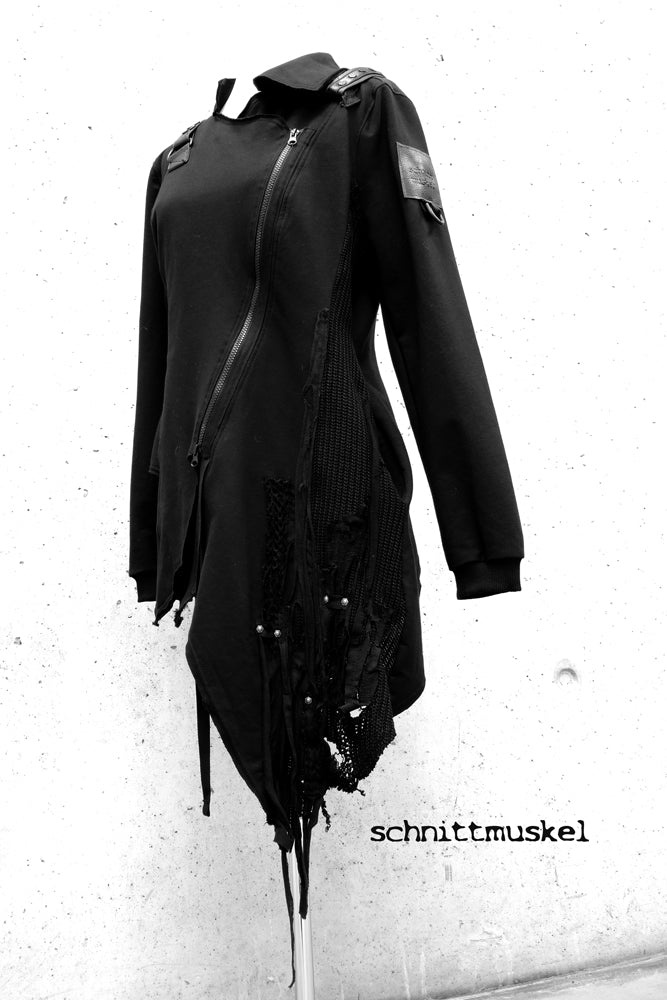 dark avantgarde Jacke, dark avantgarde, Gothicmode, Gothicjacke, destroyed Jacke, postapokalyptische Jacke, lange Jacke, lange Bikerjacke