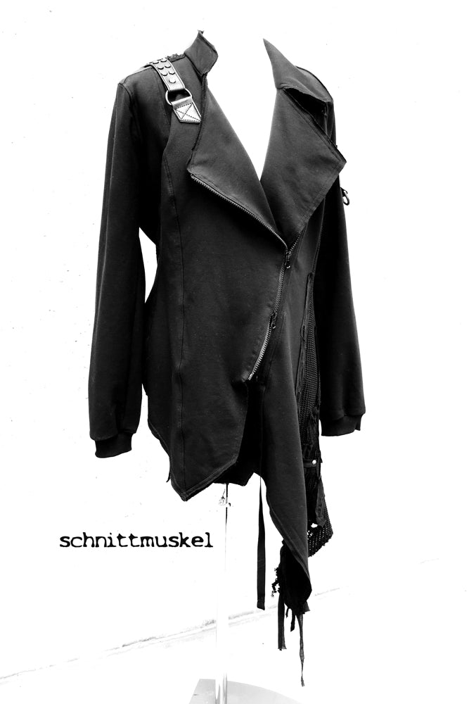 dark avantgarde Jacke, dark avantgarde, Gothicmode, Gothicjacke, destroyed Jacke, postapokalyptische Jacke, lange Bikerjacke