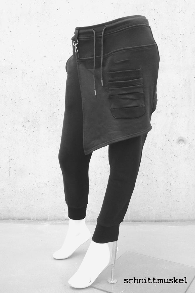 Jogger, Hose mit tiefem Schritt, Hose mit Schösschen, Cyberhose, Schürzenhose, Hose mit Schürze, Darkavantgarde Hose, Darkwear, Gothicmode für Frauen