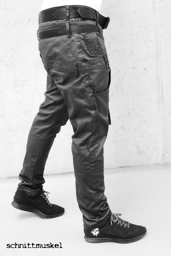 schwarze Jeans, Gothicjeans, Gothichose, waed denim, waxed denim jeans, black waxed denim, darkavantgarde