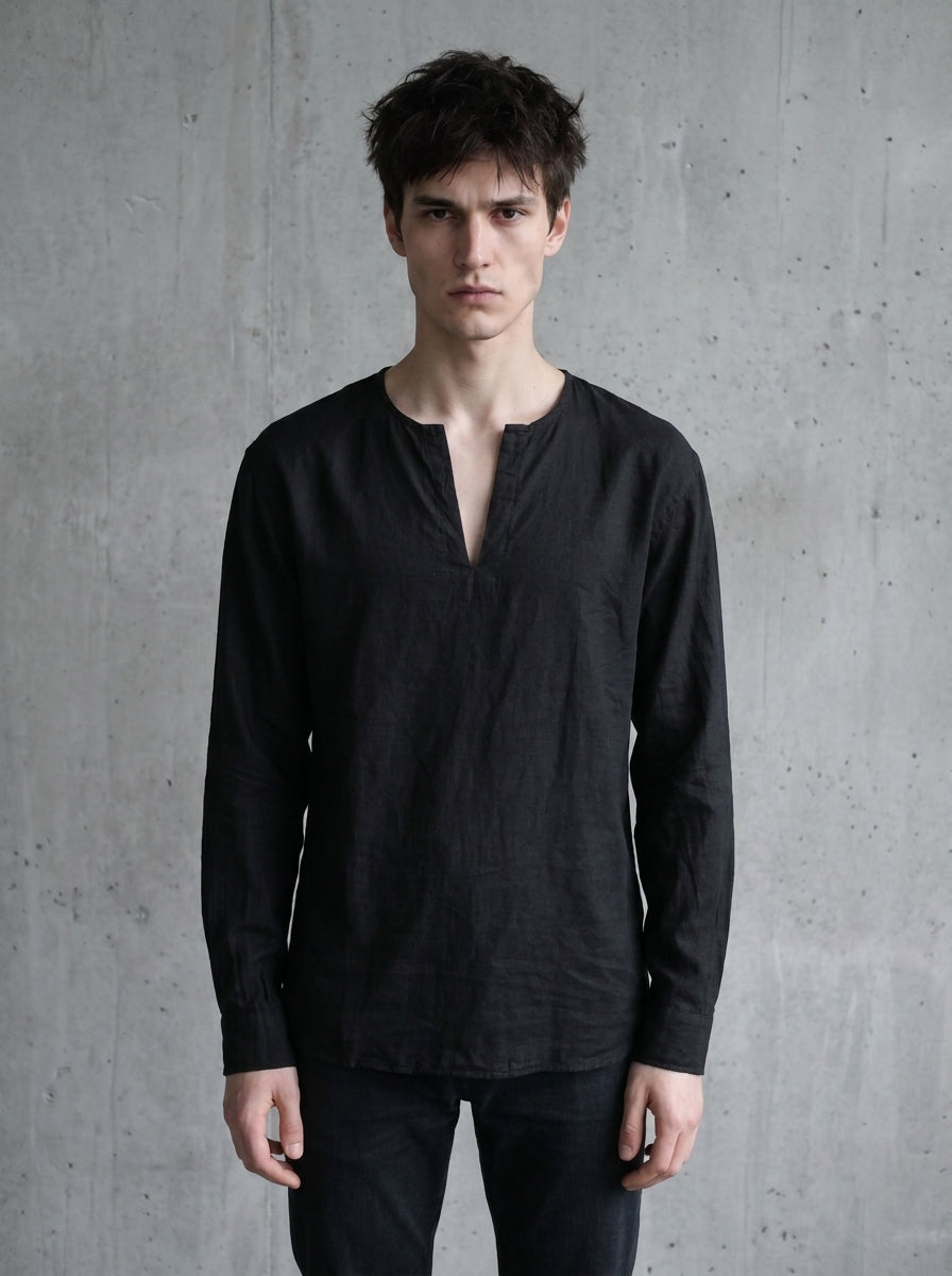 kragenlosos Hemd, schwarzes Sommerhemd, darkavantgarde Mode für Herren, darkavantgarde Hemd