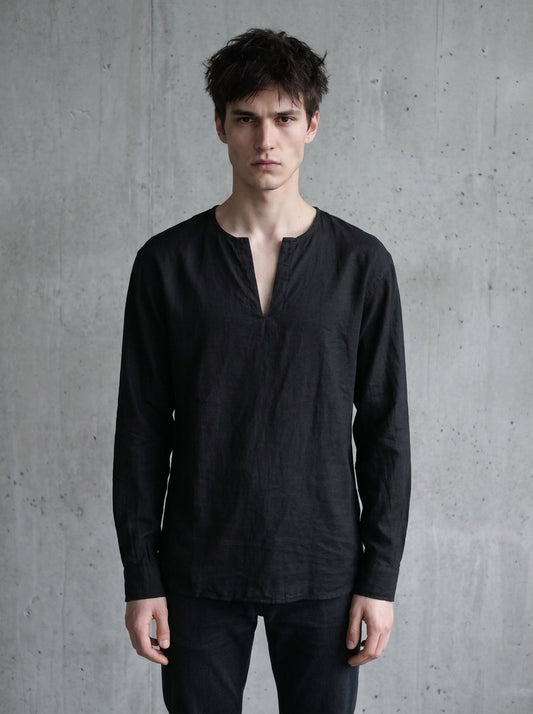 kragenlosos Hemd, schwarzes Sommerhemd, darkavantgarde Mode für Herren, darkavantgarde Hemd