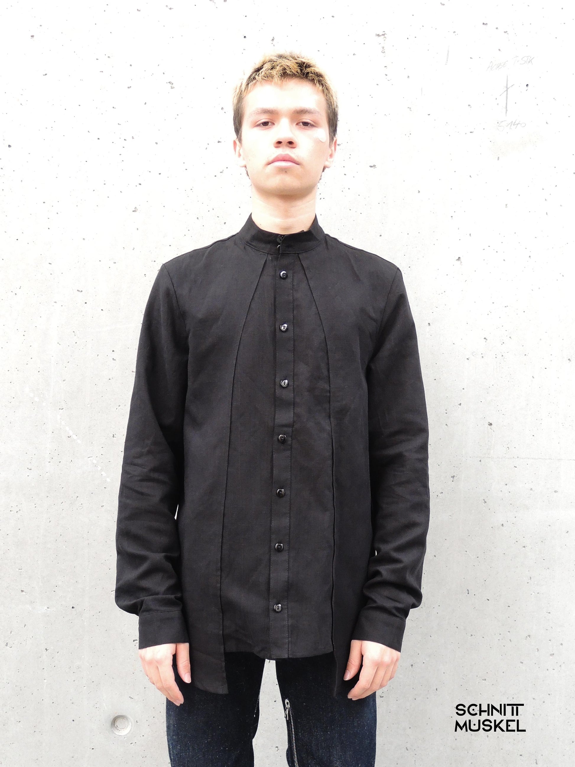 hemd nachtland, schwarzes hemd, designerhemd, schnittmuskel, stehkragen, leinen baumwolle hemd, avantgarde mode, minimalismus fashion, herrenhemd schwarz, asymmetrischer saum, modernes hemd, fashion design, nachhaltiger stil, high fashion shirt, unisex hemd, schwarz leinen shirt, darkavantgarde, gothicmode für Männer, Gothisyle, 