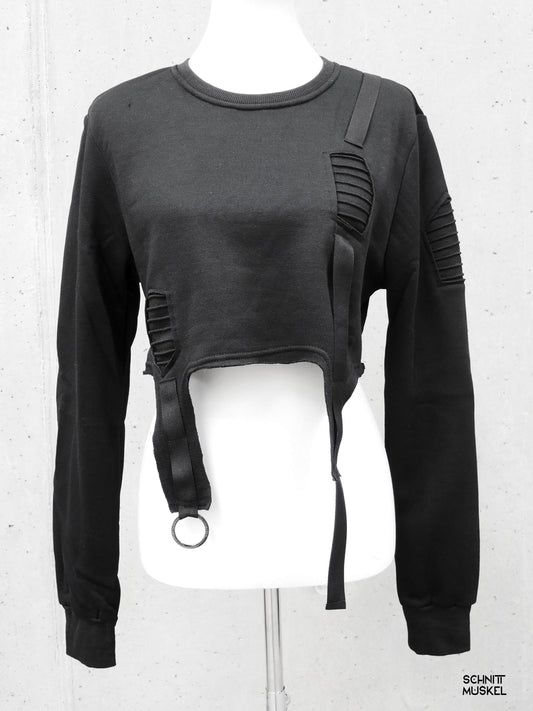 Cropped Pullover schwarz, schwarzer kurzer Pullover, darkwear, cyberpullover, darkcyberfashion, darkwear, technopullover, technostyle, Gothicmode für Damen