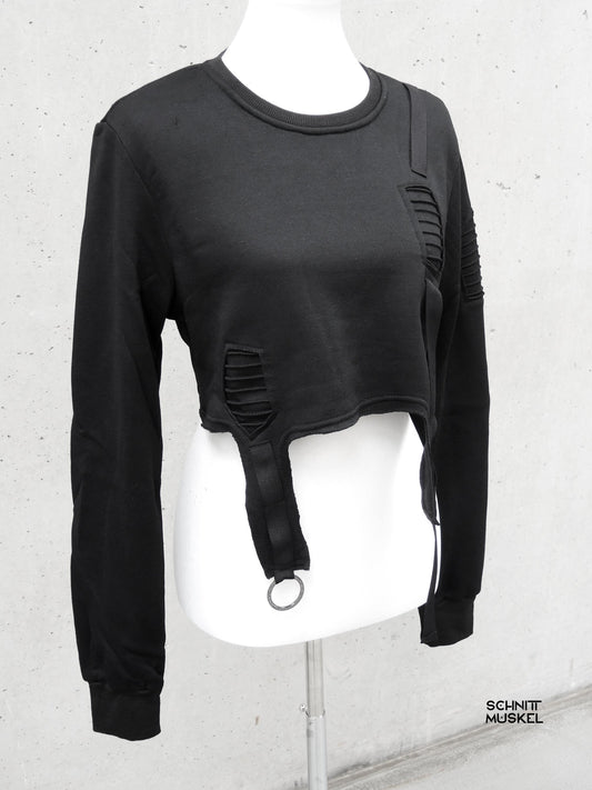 Cropped Pullover schwarz, schwarzer kurzer Pullover, darkwear, cyberpullover, darkcyberfashion, darkwear, technopullover, technostyle, Gothicmode für Damen