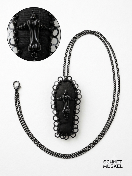 Sargscmuck, Anhänger Sarg, schwarzer Sarganhänger, Schmuck Sarg, schwarzer Knochen auf Sarg