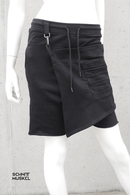 kurze Gothichose, schwarze gemütliche Shorts, darkavantgarde shorts, joggershorts, darkcyberfashion