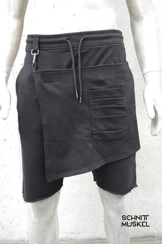 kurze Gothichose, schwarze gemütliche Shorts, darkavantgarde shorts, joggershorts, darkcyberfashion