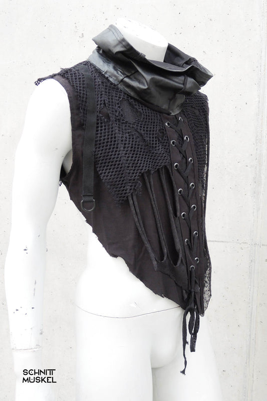 postapokalyptische Mode, darkwear, darkavantgarde Mode, darkcyber fashion, Gothicmode für Herren, Netzoberteil, Kinkyfashion, Ravestyle, Technostylefashion