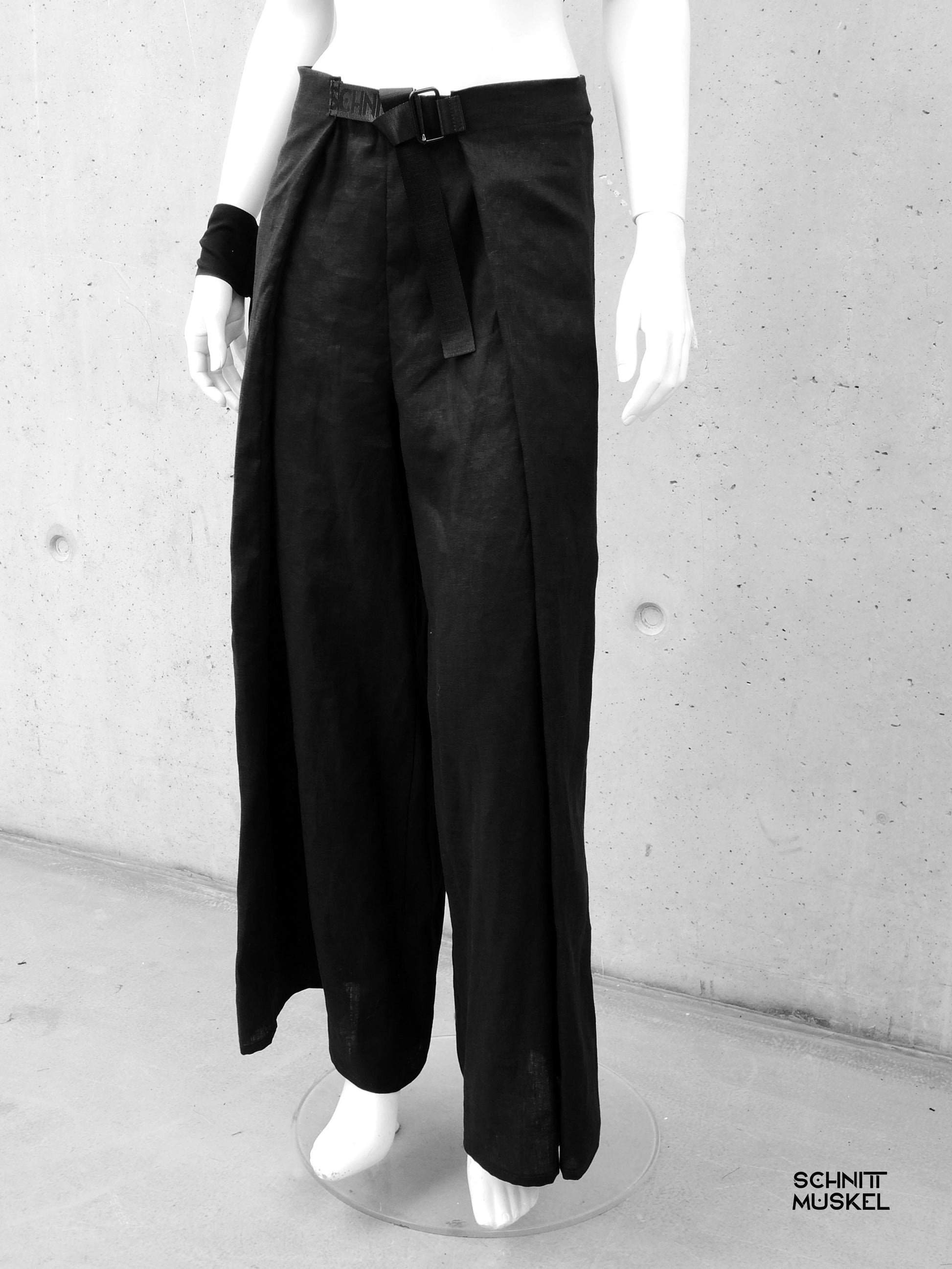 schwarze Leinensommerhose, schwarze Leinenhose, Gothic Sommerhose, Leinenhose mit weitem Bein, darkavantgarde Hose, darkavantgarde Mode