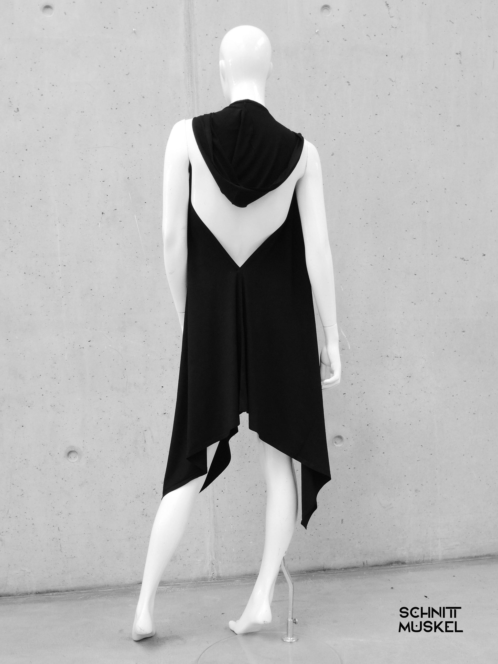 rückenfreies Kleid, rückenfreies Freizeitkleid, postapokalyptisches Kleid, Kapuzenkleid, Kleid mit Kapuze, schwarzes Kleid, darkavantgarde Kleid, darkwear, postapokalyptische Mode