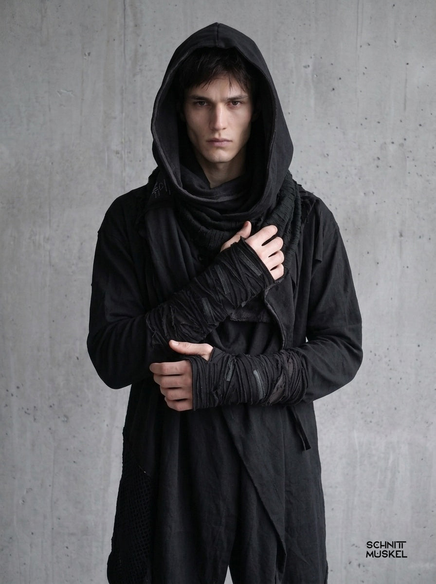 Armstulpen, Armstulpen destroyed, Armstulpen gothic, Armstulpen punk, Armstulpen schwarz, postapokalyptische Armstulpen, darkwear, darkcyber Armstulpen,Kapuzenschal, extralanger Schal, Gothic Schal, dark avantgarde, darkfashion
