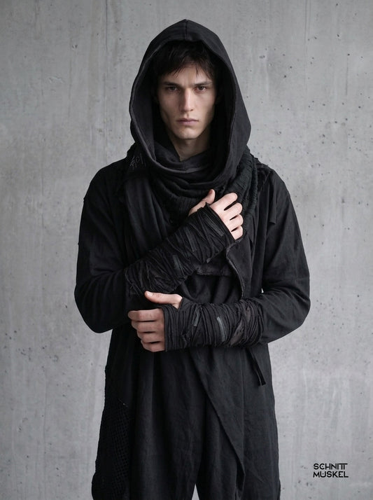 Armstulpen, Armstulpen destroyed, Armstulpen gothic, Armstulpen punk, Armstulpen schwarz, postapokalyptische Armstulpen, darkwear, darkcyber Armstulpen,Kapuzenschal, extralanger Schal, Gothic Schal, dark avantgarde, darkfashion