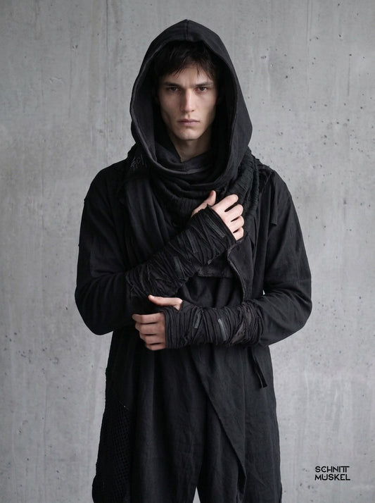 Armstulpen, Armstulpen destroyed, Armstulpen gothic, Armstulpen punk, Armstulpen schwarz, postapokalyptische Armstulpen, darkwear, darkcyber Armstulpen,Kapuzenschal, riesiger Schal, dark avantgarde Schal, extralanger Schal, oversized Schal,