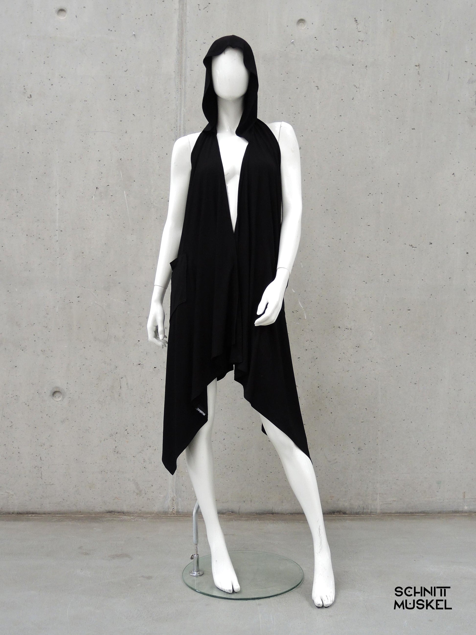 Kapuzenweste, lange Weste, Gothicmode, rückenfreue Weste, rückenfreies Kleidungsstück, rückenfreie Jacke, darkavantgarde Mode
