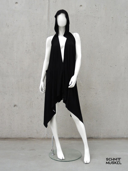 Kapuzenweste, lange Weste, Gothicmode, rückenfreue Weste, rückenfreies Kleidungsstück, rückenfreie Jacke, darkavantgarde Mode