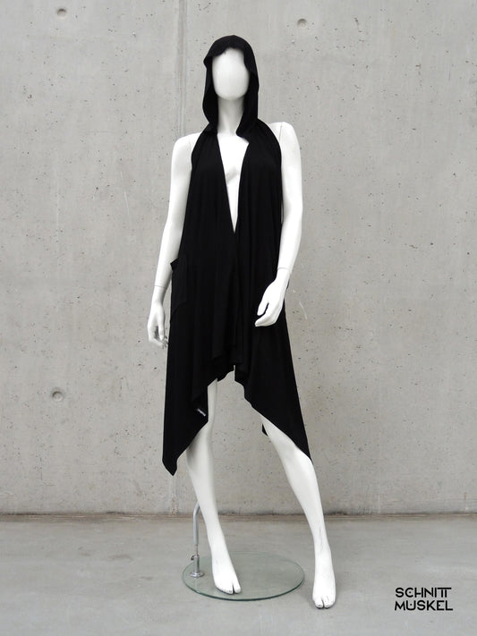 Kapuzenweste, lange Weste, Gothicmode, rückenfreue Weste, rückenfreies Kleidungsstück, rückenfreie Jacke, darkavantgarde Mode
