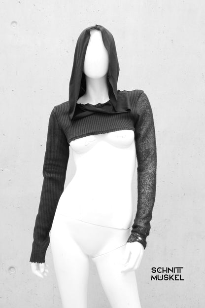 cropped pullover, Kurzpulli, cropped Pullover mit Kapuze, Gothicmode, postapokalyptische Mode, Kapuzenpullover cropped