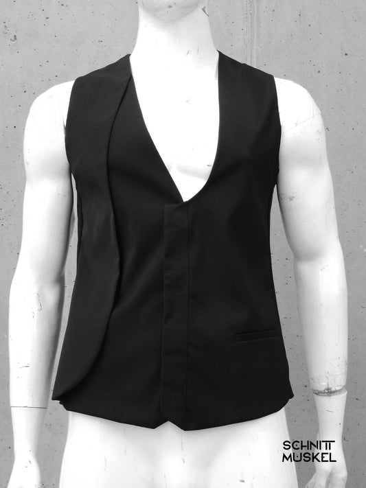 schwarze asymmetrische Weste, darkavantgarde Weste, darkwear, Gothicmode für Herren, Gothicweste für Herren,