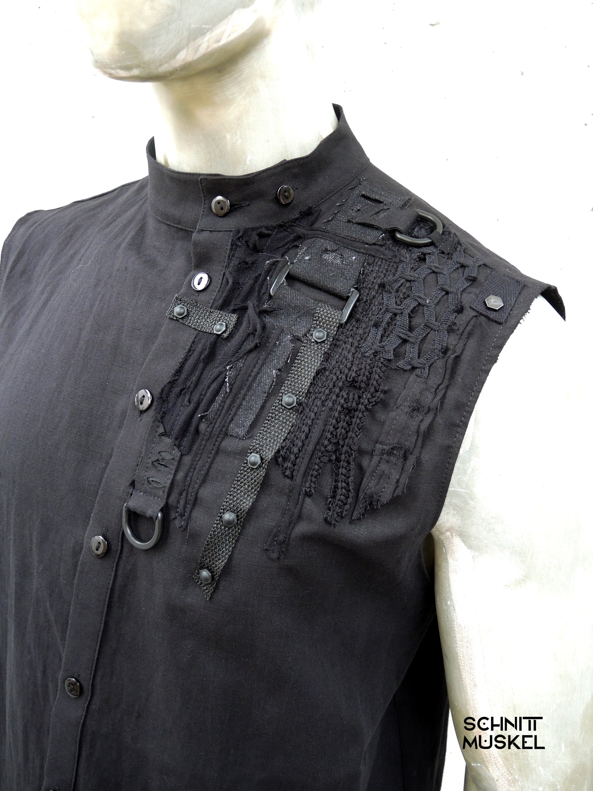 darkcyberhemd, darkcybermode, darkwear, darkavantgarde Hemd, Gothicmode für erren, ärmelloses Gothihemd, Schranzmode, Ravestyle, ärmelloses schwarzes Hemd