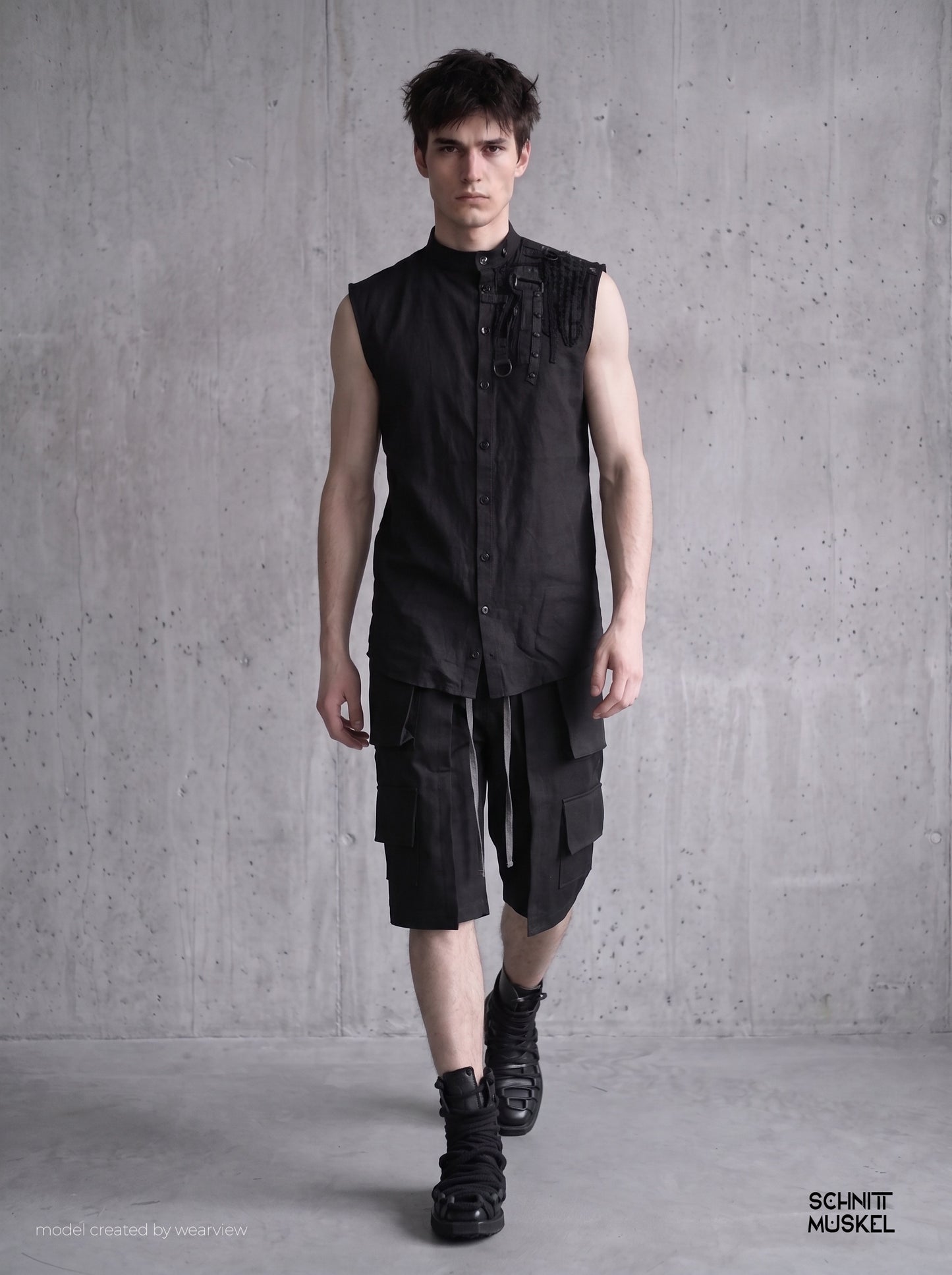 Raveoutfit, darkwear, darkavantgarde, ärmelloses Hemd schwarz, Gothicmode für Herren, schwarze Mode für Herren