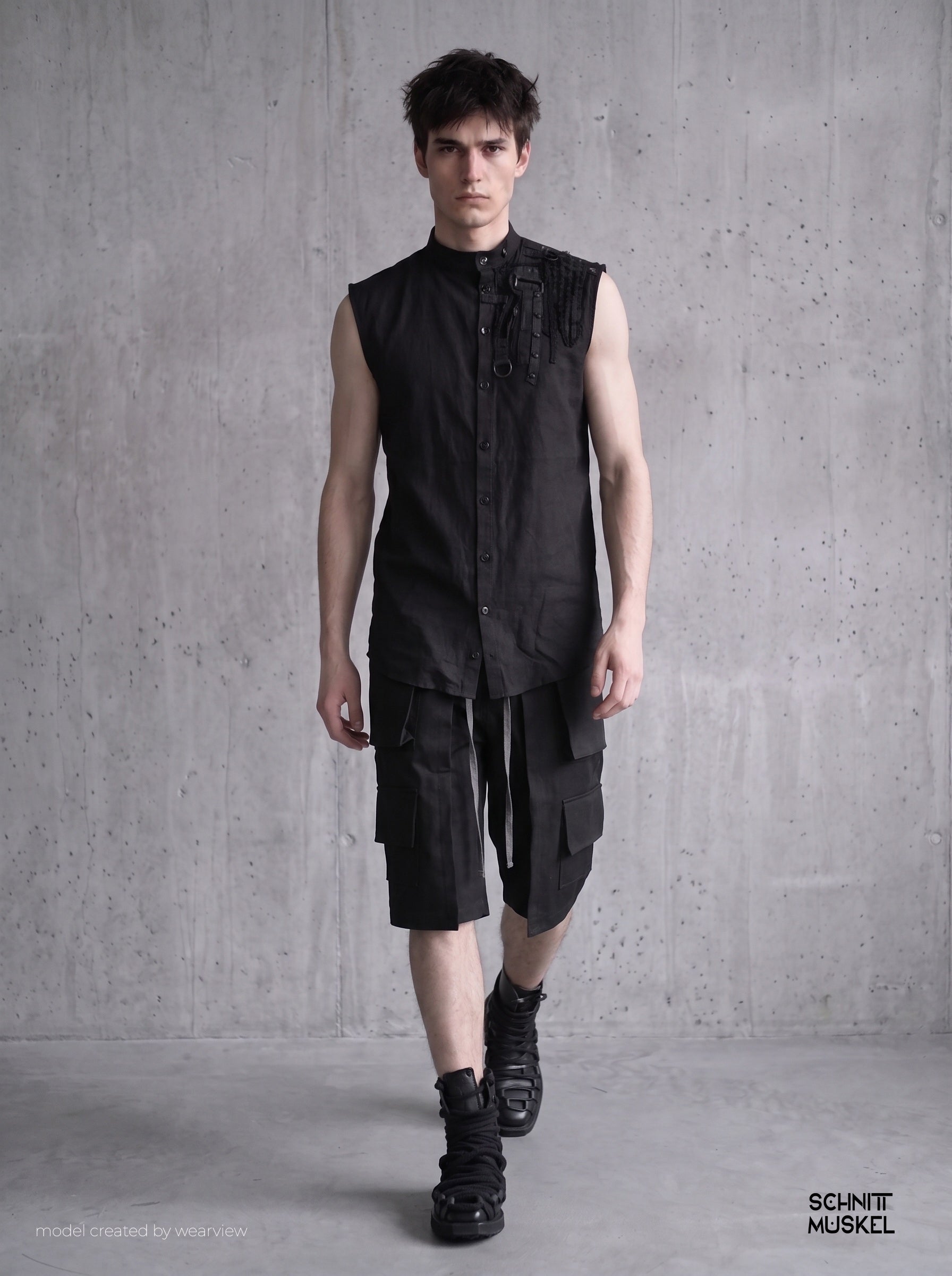 Raveoutfit, darkwear, darkavantgarde, ärmelloses Hemd schwarz, Gothicmode für Herren, schwarze Mode für Herren