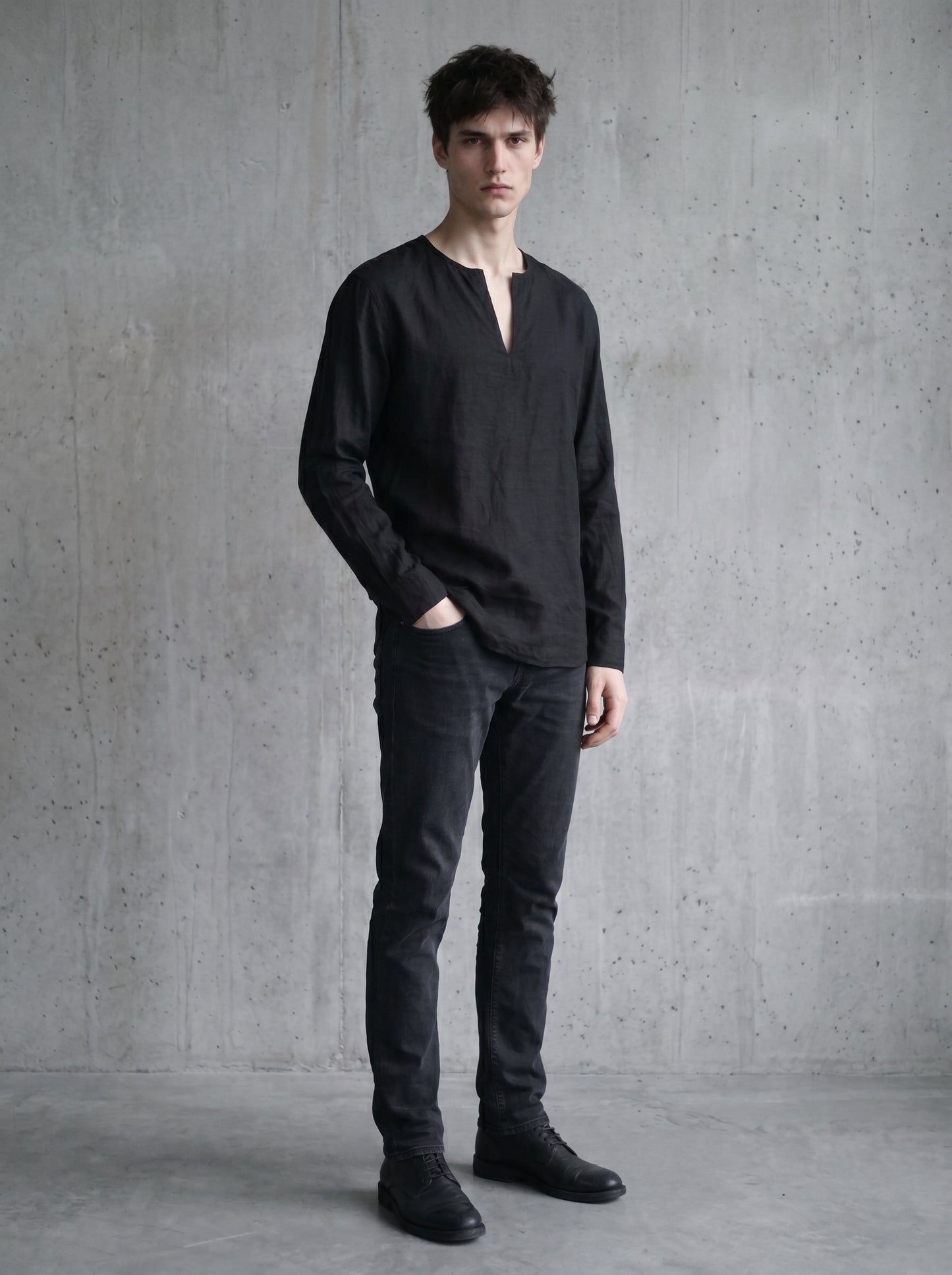 kragenlosos Hemd, schwarzes Sommerhemd, darkavantgarde Mode für Herren, darkavantgarde Hemd