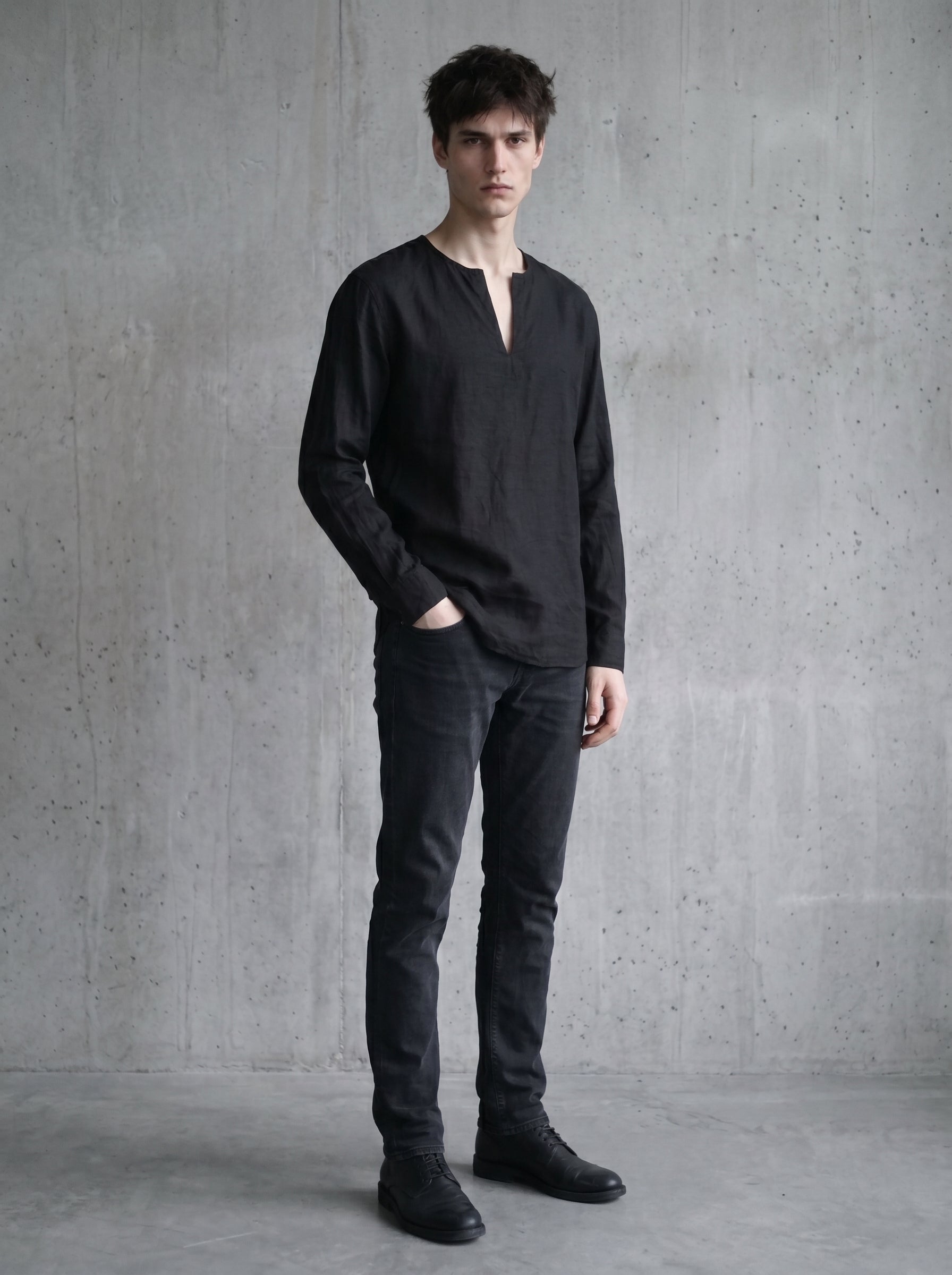 kragenlosos Hemd, schwarzes Sommerhemd, darkavantgarde Mode für Herren, darkavantgarde Hemd