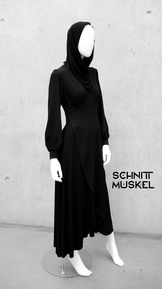 darkavantgarde, darkavantgarde Mode, darkwear, schwarzes Gothickleid, Korsettkleid, Kleid mit Schalkragen, Kleid mit Wasserfallkragen, Kleid mit Kapuze, Kapuzenkleid, Gothickleid