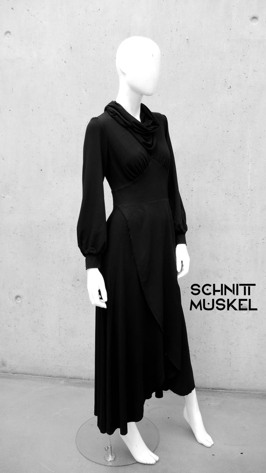 darkavantgarde, darkavantgarde Mode, darkwear, schwarzes Gothickleid, Korsettkleid, Kleid mit Schalkragen, Kleid mit Wasserfallkragen, Kleid mit Kapuze, Kapuzenkleid, Gothickleid