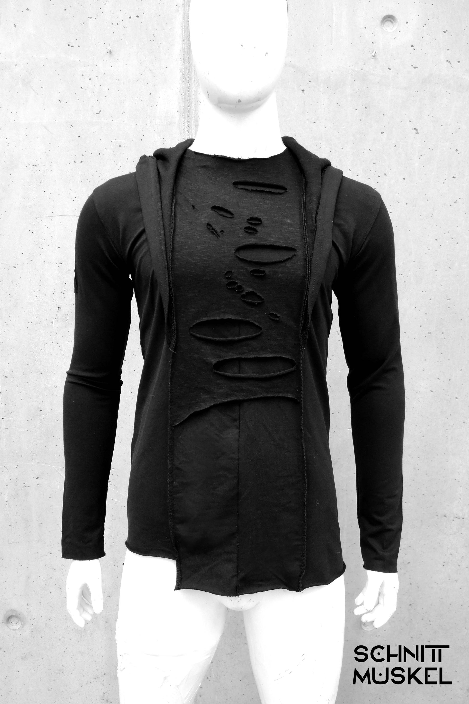 Gothicpullover, darkavantgarde Mode für Männer, darkavantgarde, Kapuzenpullover, Kapuzensweater, destroyed hoodie, postapocalyptic fashion, postapokalyptische Mode