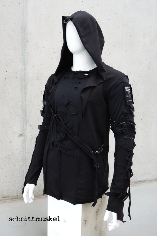 Gothicpullover, postapokalyptischer Pullover, Hoodie Gothic, dark avantgarde, allblack hoodie,