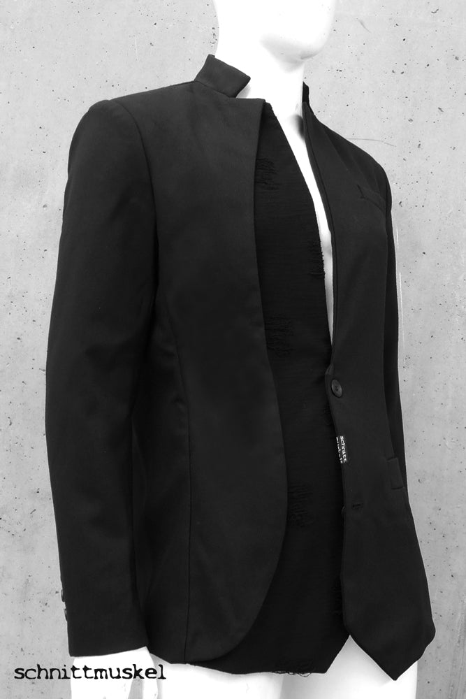Jackett mit Stehkragen, Jackett asymmetrisch, darkavantgarde Mode, Gothicjackett, Jackett distressed, Jackett destroyed