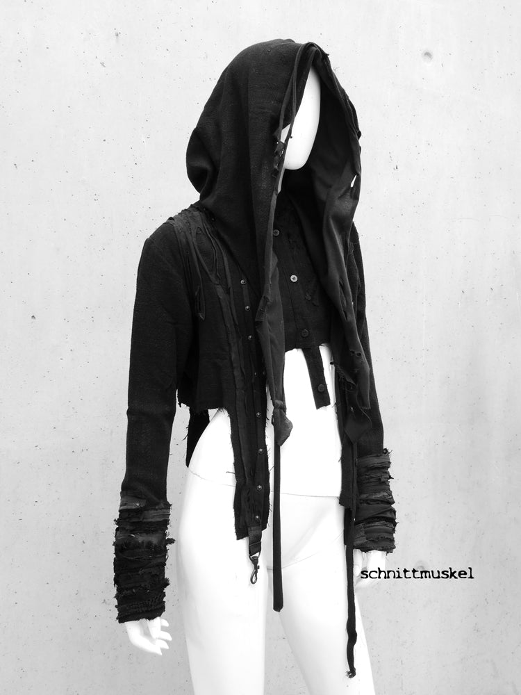 darkavantgarde Mode, darkstyle, Gothicmode, Gothicjacke, cropped Jacke, darkcyberjacke, wasteland outfit, wasteland Jacke, postapokalyptische Jacke, postapocalyptic fashion, Metalfashion, Unikatjacke