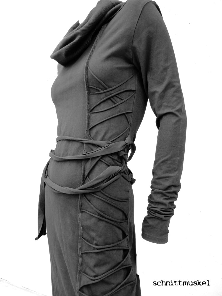 schwarzes Jerseykleid, Kleid mit Schnürung, Winterkleid, langes Gothickleid, darkavantgarde Kleid, darkavantgarde