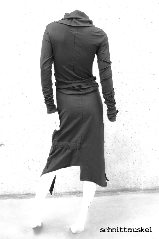 schwarzes Jerseykleid, Kleid mit Schnürung, Winterkleid, langes Gothickleid, darkavantgarde Kleid, darkavantgarde