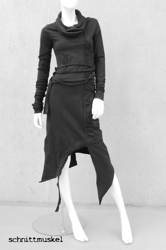 schwarzes Jerseykleid, Kleid mit Schnürung, Winterkleid, langes Gothickleid, darkavantgarde Kleid, darkavantgarde