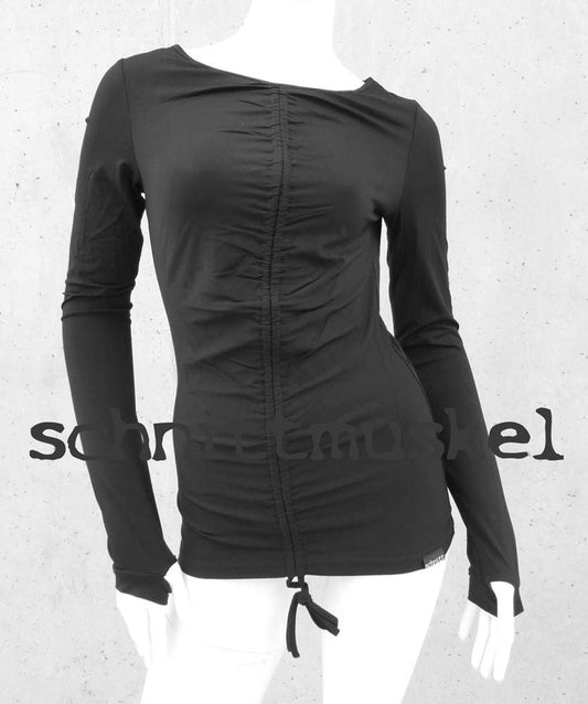 Langarmshirt mit Raffung, Shirt mit Raffung, gerafftes Shirt, darkavantgarde, Gothickleidung, Goth, Streetgoth, Shirt bauchfrei, Shirt aus Modal,